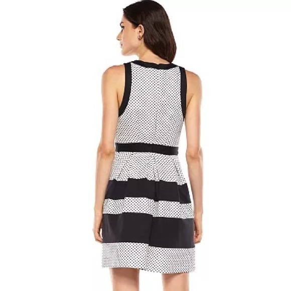 ELLE Dress Striped Geo Jacquard Fit & Flare Sleeveless Black White Size 10 - Picture 2 of 7